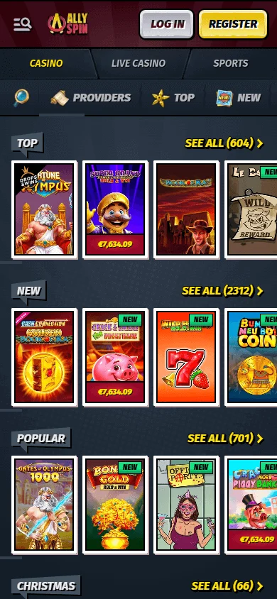 Allyspin Casino mobile browser games view