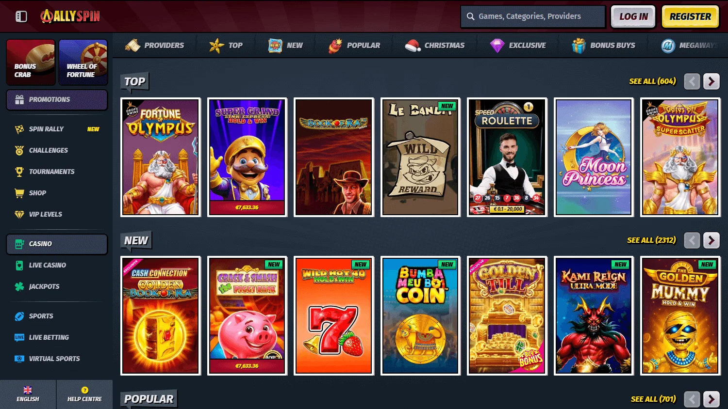 Allyspin Casino desktop games view with casino categories