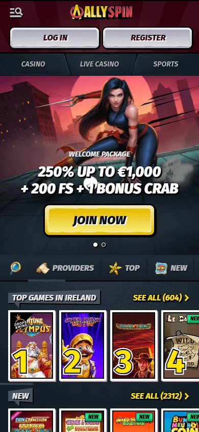 Allyspin Casino mobile browser home view