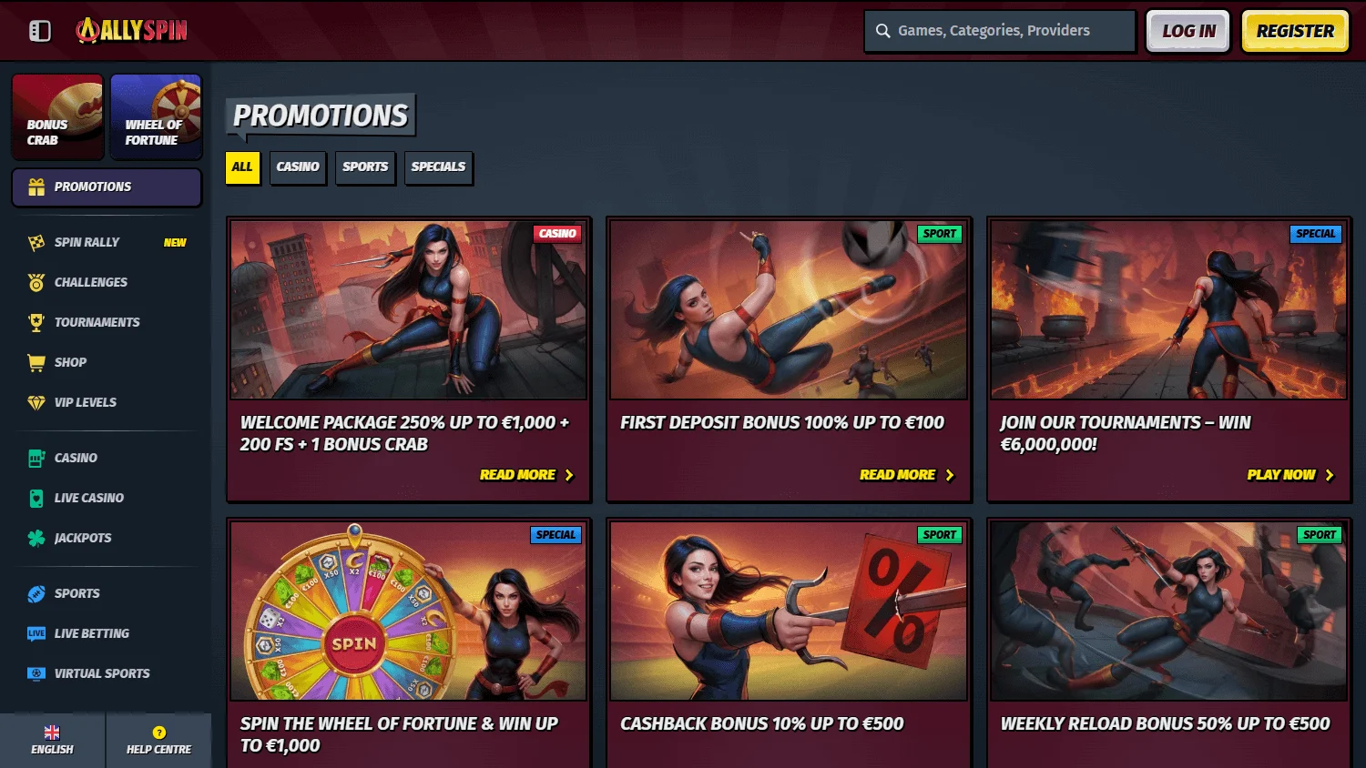 Allyspin Casino desktop promotions view with welcome and reload rewards