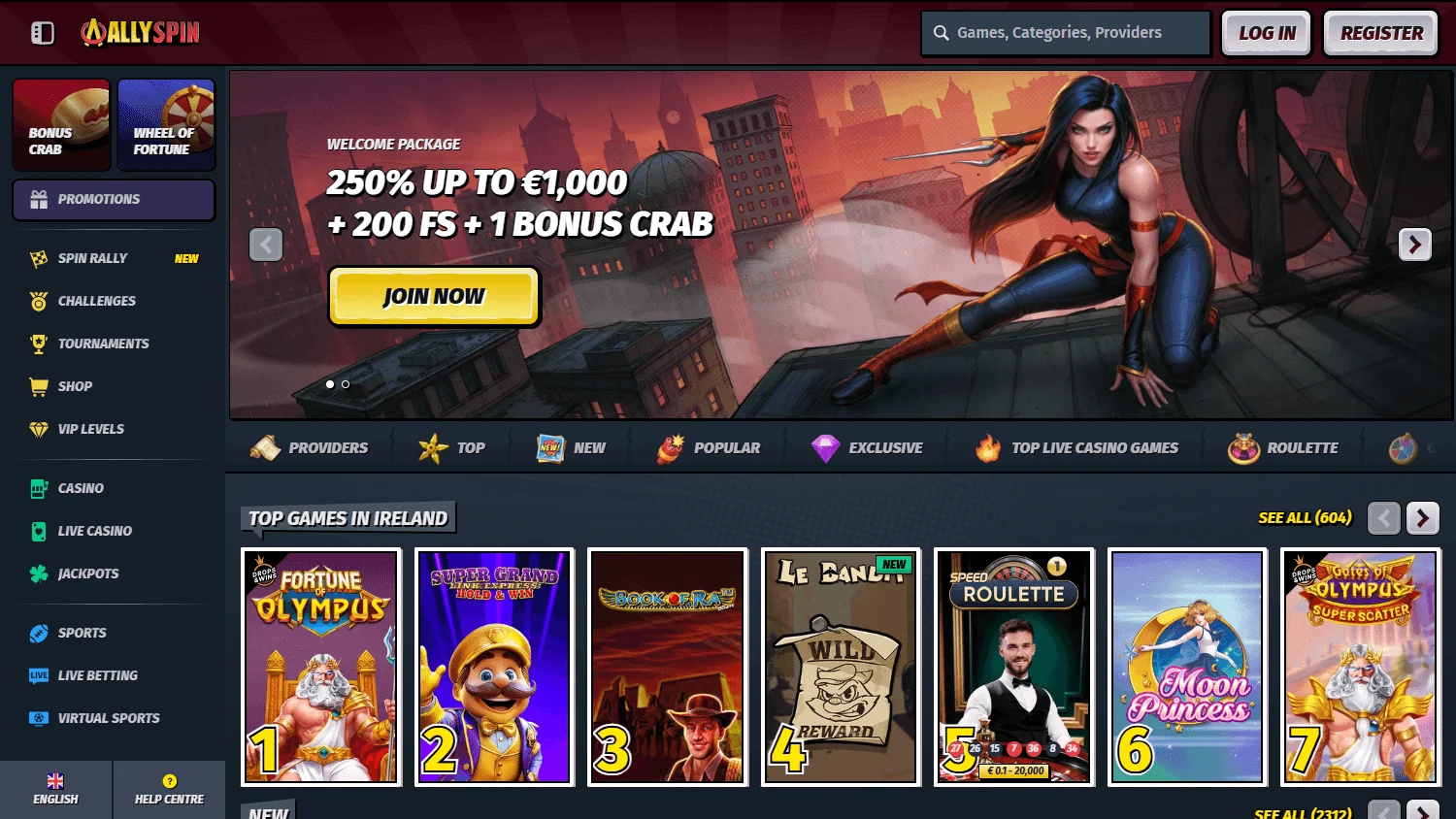 Allyspin Casino desktop home view with casino and sportsbook access